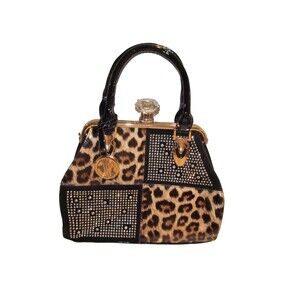 Julia & Michael Patchwork Leopard Rhinestone Faux Patent Leather Handbag Purse